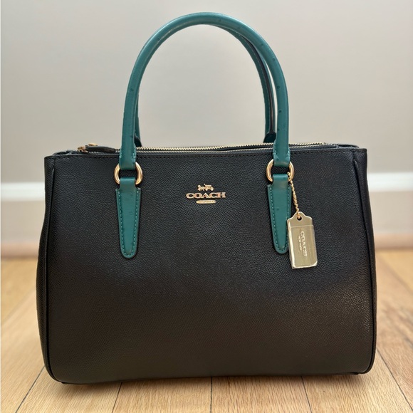 Coach Surrey Carryall Black Satchel w/ Ostrich Embossed Teal Leather Handles - Picture 3 of 15